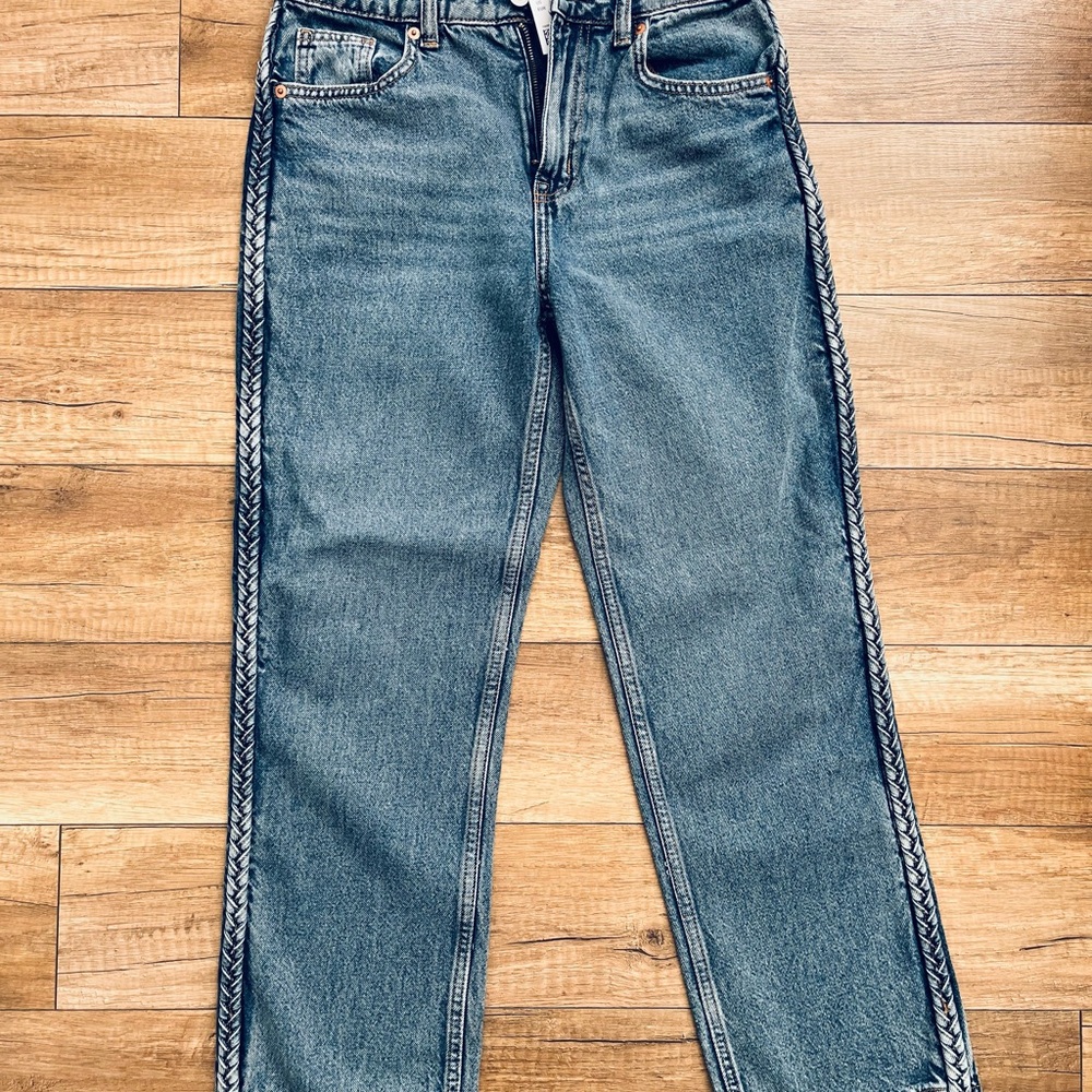 H&M Braided-Trim Straight Jeans - Blue